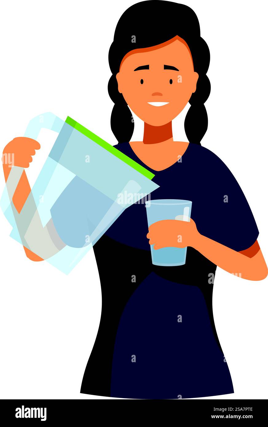 Frau, die gereinigtes Wasser aus einem Filterkrug in ein Glas gießt. Frau, die gereinigtes Wasser aus dem Filterkrug in Glas gießt Stock Vektor