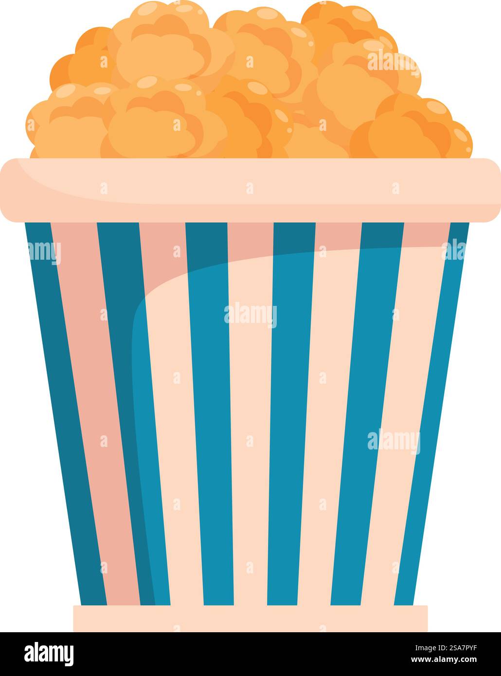 Klassischer gestreifter Eimer mit Butterpopcorn, perfekt für einen Filmsnack. Gestreifter Eimer, der mit Butterpopcorn überfüllt ist, für einen Filmsnack Stock Vektor