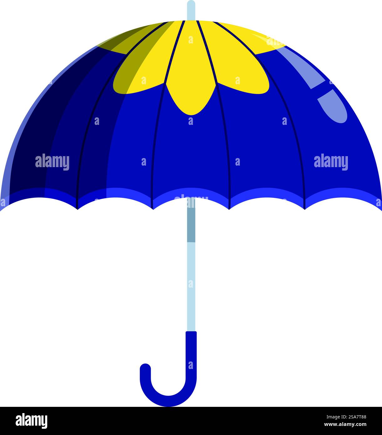 Blauer Regenschirm mit gelbem Blumenmuster, perfekt für trockene Tage an regnerischen Tagen. Klassischer blauer Regenschirm mit gelbem Blumendesign zum Schutz vor Regen Stock Vektor
