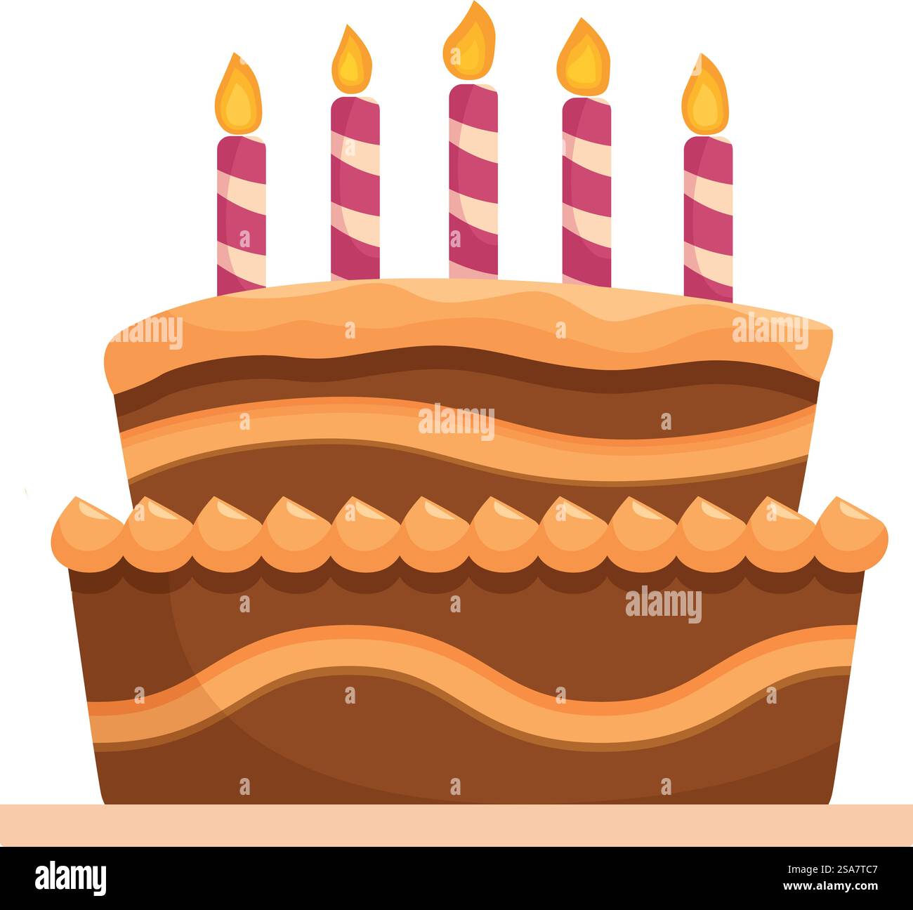 Köstlicher doppelschichtiger Schokoladen-Geburtstagskuchen mit zündeten Kerzen wartet darauf, gegessen zu werden. Auf dem Tisch steht ein köstlicher doppelschichtiger Schokoladen-Geburtstagskuchen Stock Vektor