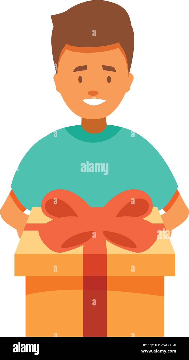 Ein lächelnder Mann hält ein großes Geschenk, perfekt für Geburtstags-, weihnachts- oder valentinstag-Projekte. Glücklicher junger Mann, der eine große Geschenkbox mit einem roten Band hält Stock Vektor