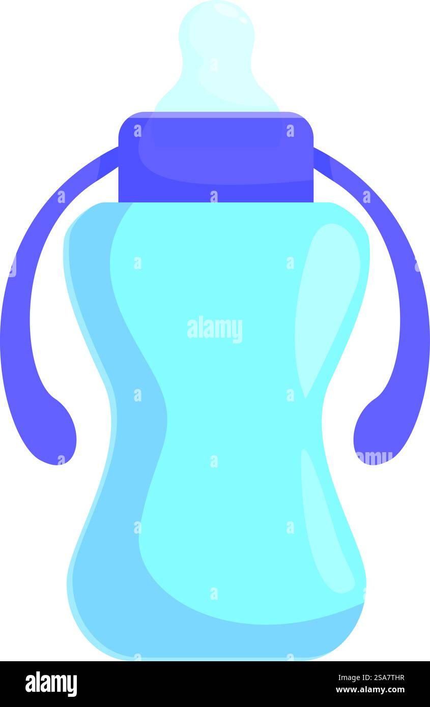Blaue Babyflasche mit violetten Griffen für einfaches Greifen und Füttern. Babyflasche mit Griffen für einfachen Griff und Fütterung Stock Vektor