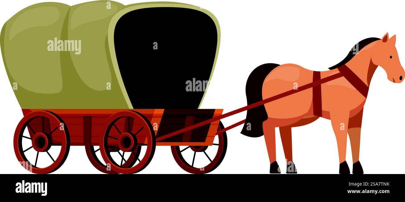Klassischer Pferdewagen mit stabilem Holzrahmen und überdachtem Sitzbereich, der den historischen Transport und den Geist des wilden Westens repräsentiert. Braunes Pferd, das noch an einem Holzwagen mit überdachtem Sitzbereich befestigt ist Stock Vektor