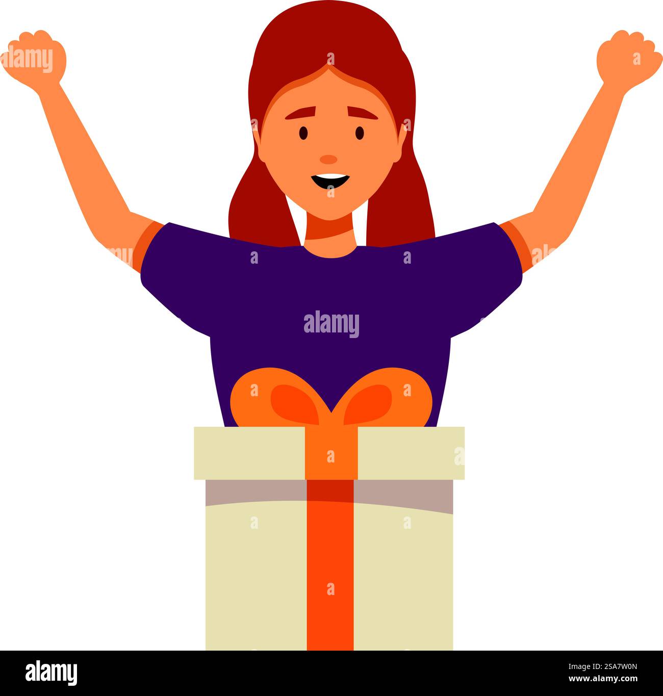 Happy Woman hebt ihre Hände hinter einer großen Geschenkbox mit orangefarbenem Band und feiert Geburtstag oder weihnachten. Glückliche Frau, die die Hände hinter einer großen Geschenkbox mit orangefarbenem Band erhebt Stock Vektor
