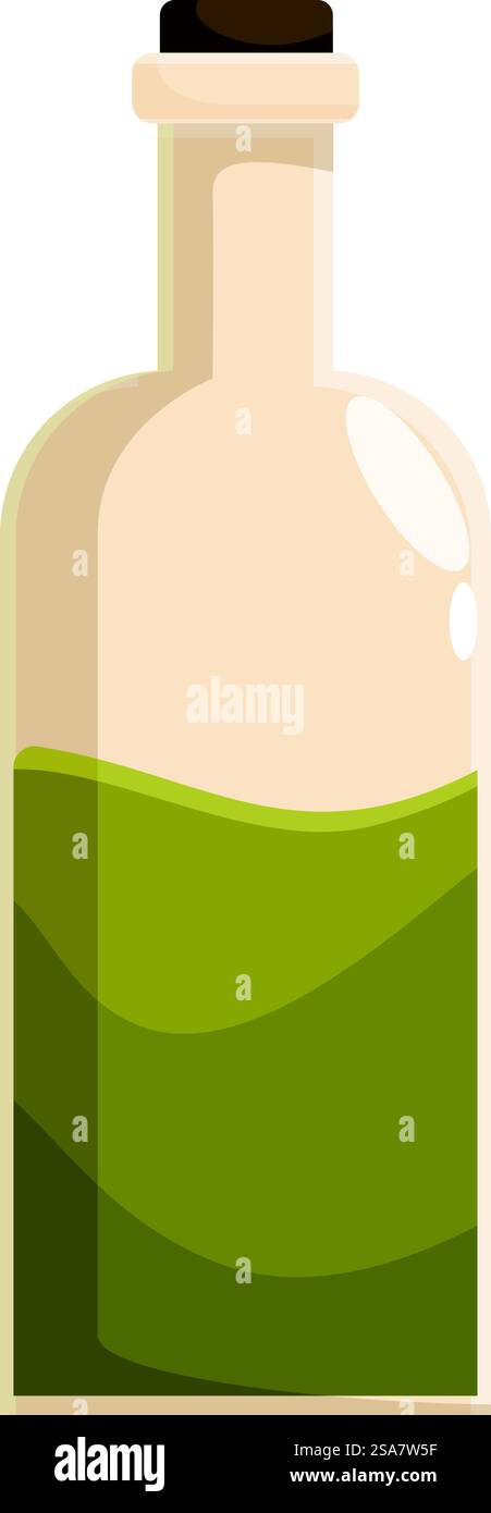 Einfache Zeichentrickillustration einer Glasflasche gefüllt mit einer grünen Flüssigkeit, möglicherweise Olivenöl, erinnert an die Idee des gesunden Essens und Kochens. Glasflasche mit grüner Flüssigkeit, möglicherweise Olivenöl, das Konzept der gesunden Ernährung darstellt Stock Vektor