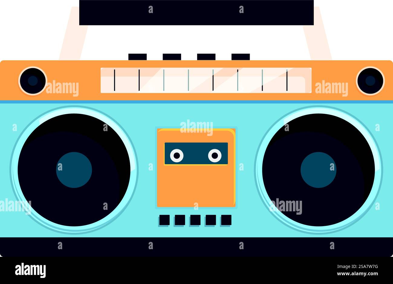 Die klassische Boombox mit Kassettenspieler spielt Musik ab. Blaue und orangene Boombox, die Musik aus den Achtzigern spielt Stock Vektor
