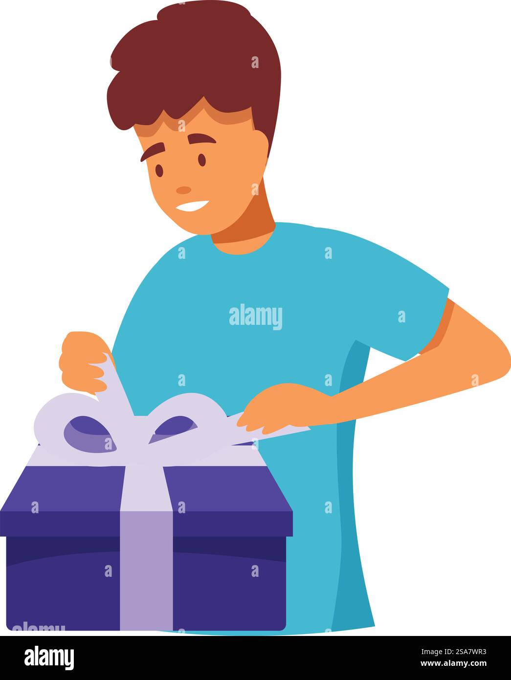 Der junge Mann packt vorsichtig eine große lila Geschenkbox mit einem großen Lächeln auf dem Gesicht aus. Glücklicher junger Mann, der eine große lila Geschenkbox mit einer Schleife auspackt Stock Vektor