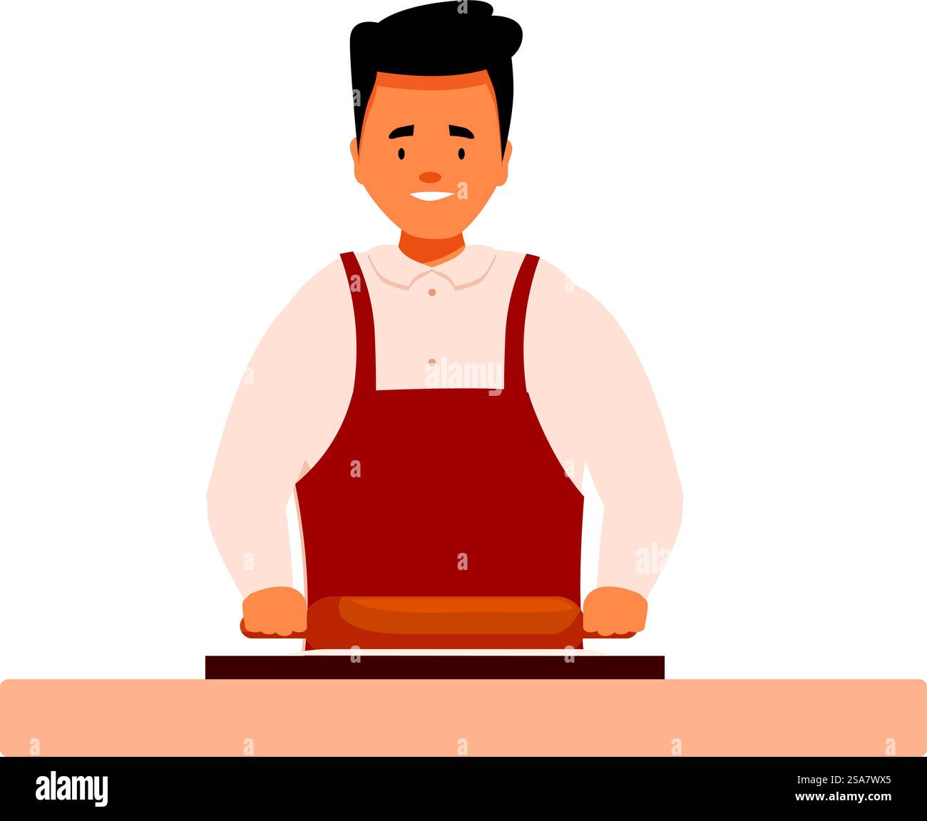 Baker knetscht mit einer Nudelnadel Teig und lächelt glücklich, als er sich auf das Backen vorbereitet. Baker kneten Teig in der Bäckereiküche mit einem Rollstift Stock Vektor