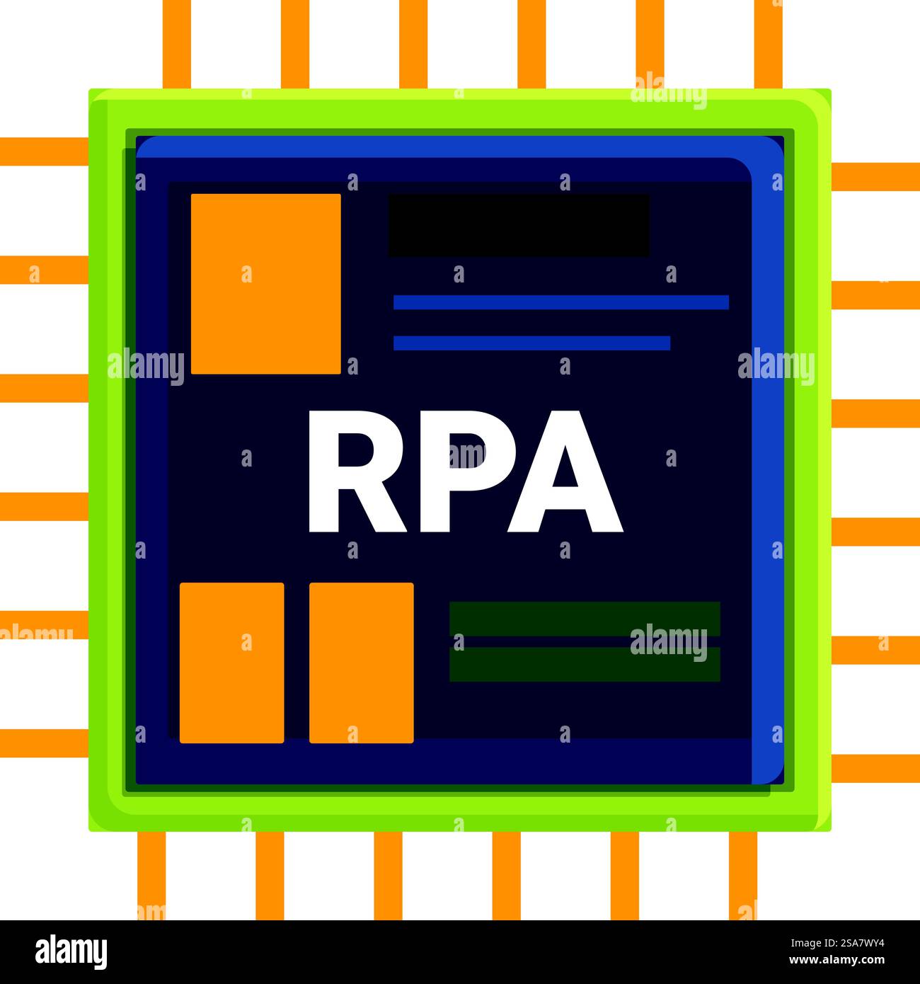 Microchip verwendet rpa-Software, die Geschäftsprozesse mit intelligenten Algorithmen automatisiert. RPA-Software, die mit einem Automatisierungsprozess-Algorithmus auf dem Chip arbeitet Stock Vektor