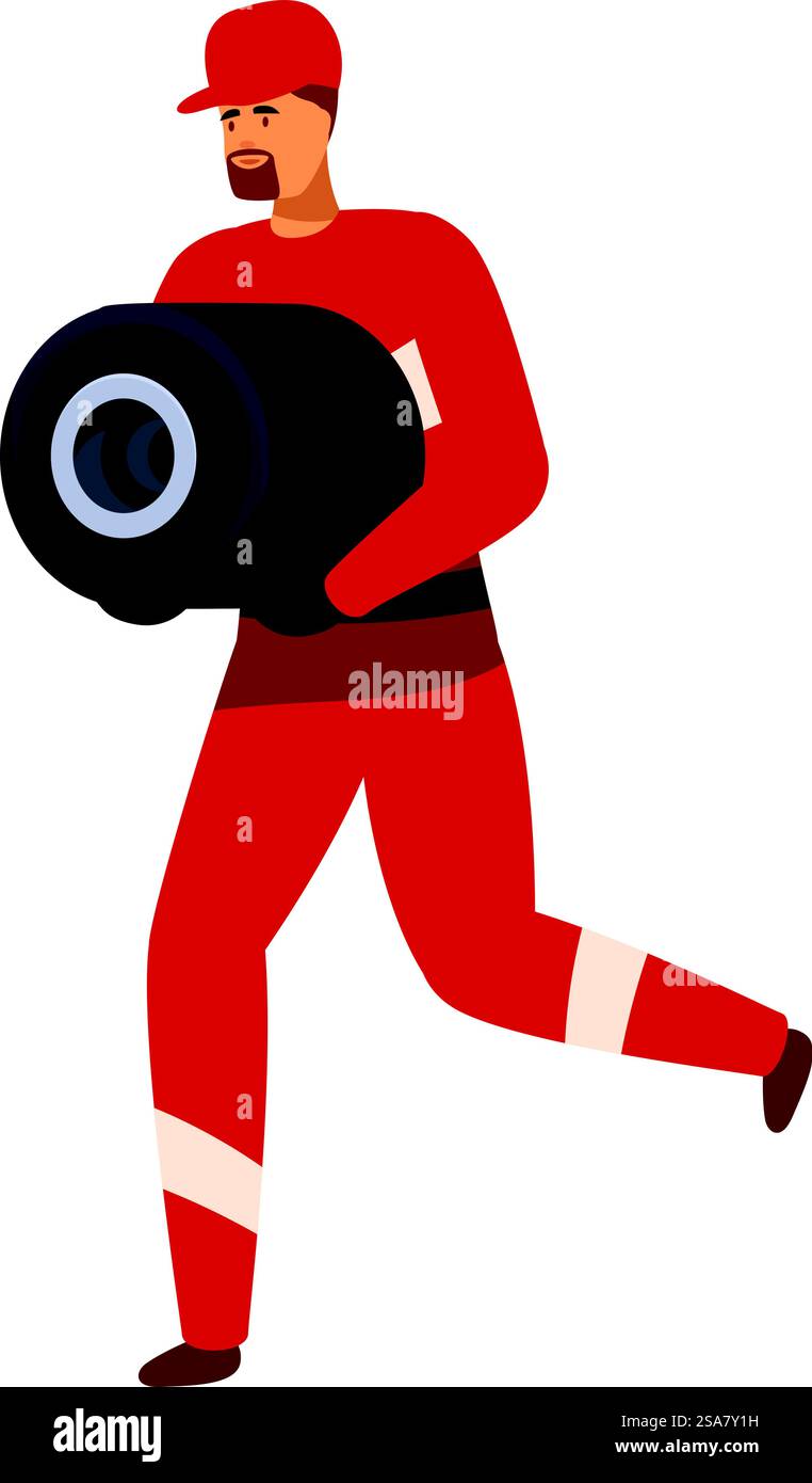 Kameramann in Uniform läuft und hält eine professionelle Videokamera. Kameramann läuft mit einer professionellen Videokamera auf der Schulter Stock Vektor