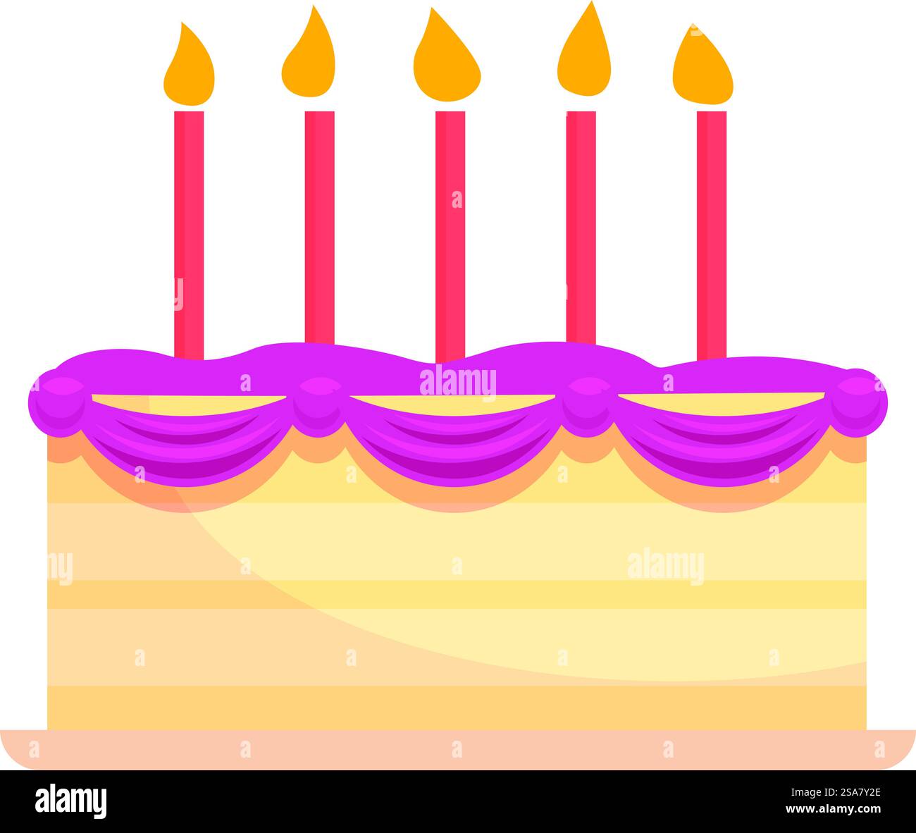 Großer leckerer Geburtstagskuchen mit fünf brennenden Kerzen und rosa Creme wartet auf dem Tisch. Leckerer Geburtstagskuchen mit fünf brennenden Kerzen wartet darauf, gegessen zu werden Stock Vektor