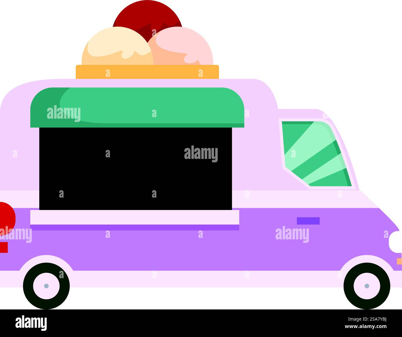 Lila Eiswagen, der an einem sonnigen Tag erfrischende Leckereien verkauft. Eis-Food-Truck, der an einem sonnigen Tag erfrischende Leckereien verkauft Stock Vektor