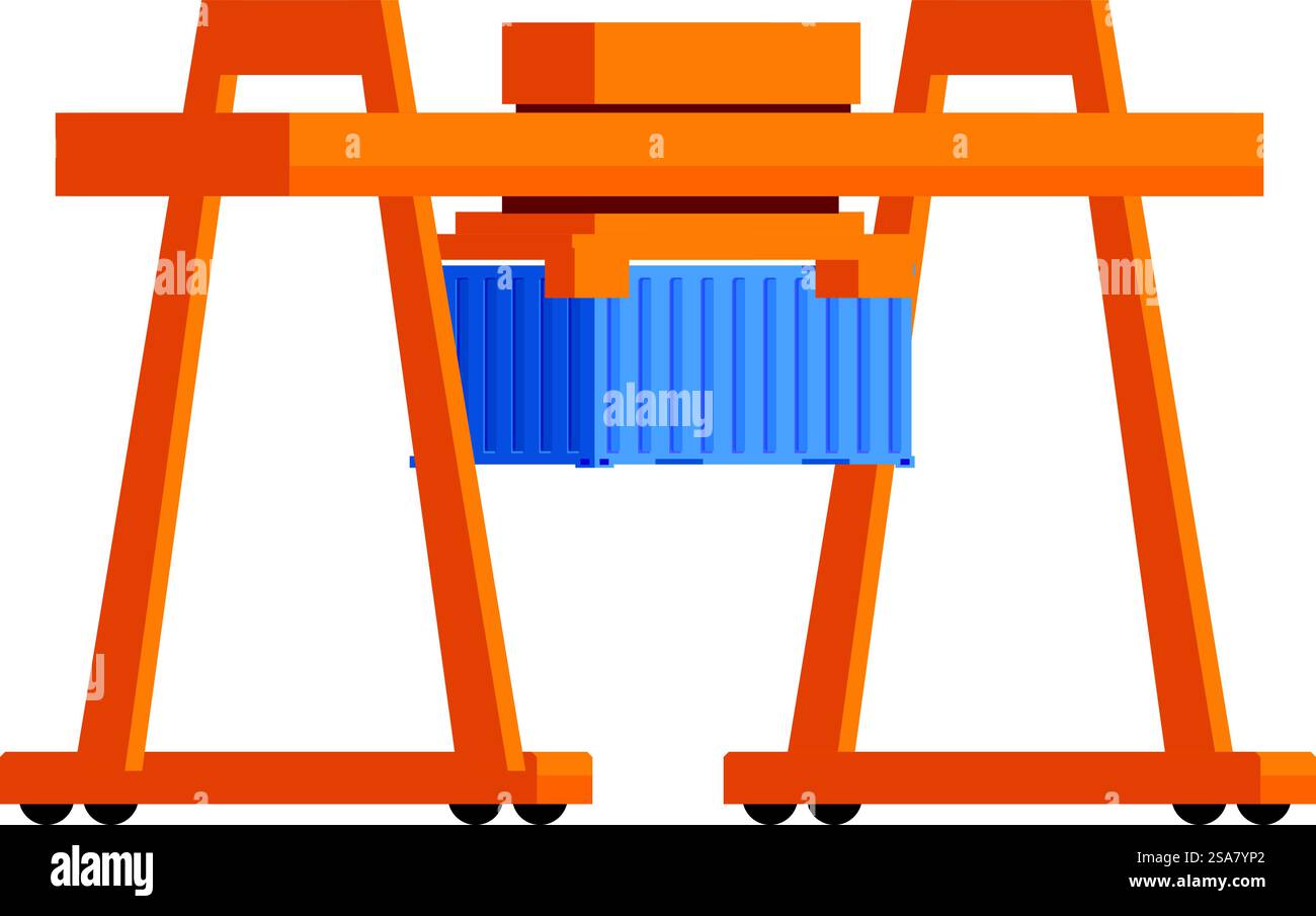 Abbildung eines Containerkrans, der einen Frachtcontainer hebt, Transport- und Logistikkonzept. Containerkran, der Frachtcontainer an einem Hafenterminal hebt Stock Vektor