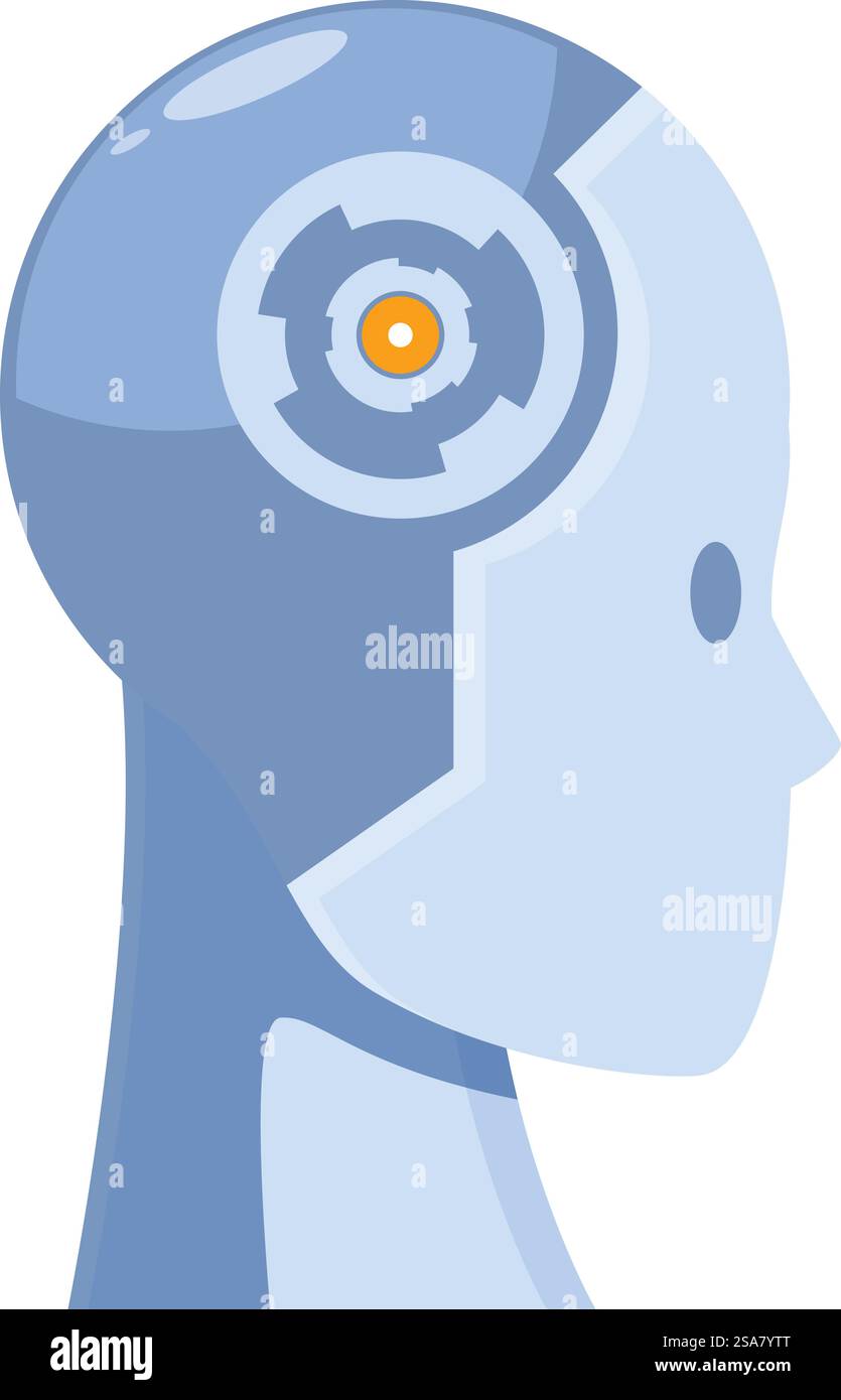 Seitenansicht eines Künstlichen Intelligenz-Charakters mit exponiertem Gehirn, das digitale Zahnräder zeigt. Künstliche Intelligenz, Charakterdenken mit offenem Gehirn, das digitale Zahnräder zeigt Stock Vektor