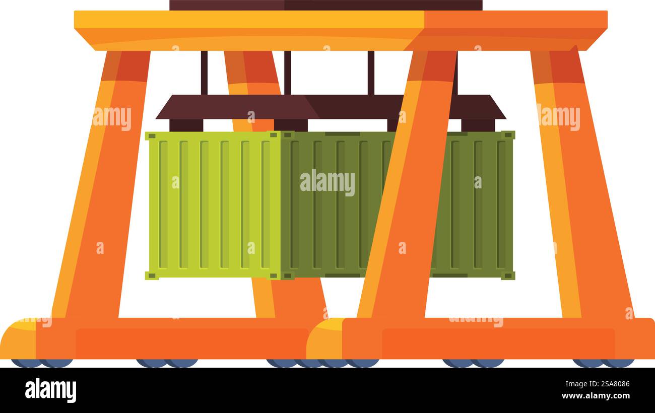 Abbildung: Portalkran, der einen Container an einem Hafenterminal hebt und Fracht für Import und Export umsetzt. Portalkran, der den Container am Port Terminal zur Beförderung von Fracht anhebt Stock Vektor
