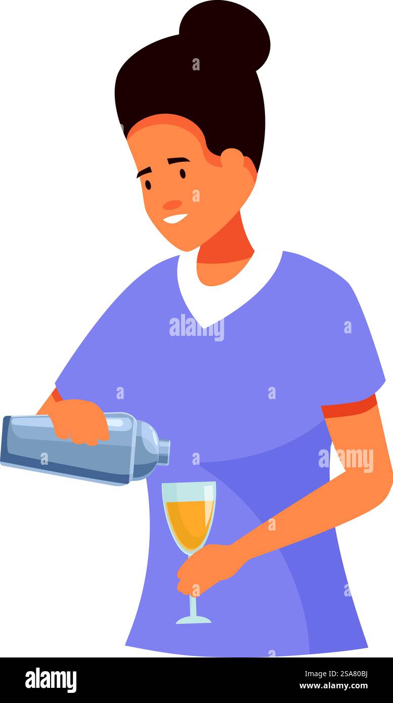 Ein lächelnder Barkeeper bereitet alkoholisches Getränk zu und gießt Cocktails aus dem Shaker ins Glas. Weibliche Barkeperin, die Cocktails mit einem Shaker ins Glas gießt Stock Vektor