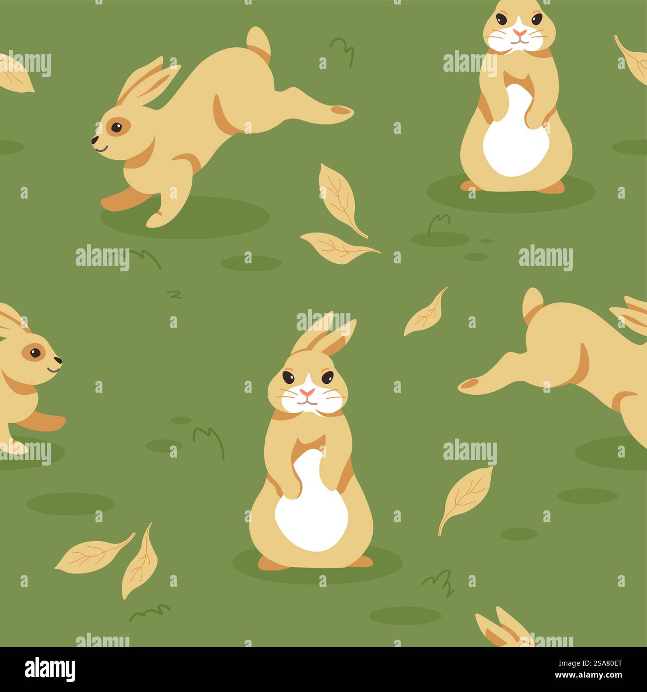 Waldtiere springen und rennen. Natur-Zeichentrickfigur mit langen Ohren, Hasen und Kaninchen, Hasen mit lustigen Maulwürfen. Nahtloses Muster, Hintergrunddruck oder Hintergrundbild. Vektor in abgewickelter Form. Lustige Zeichentricktiere, Hasen und Kaninchen Vektor Stock Vektor