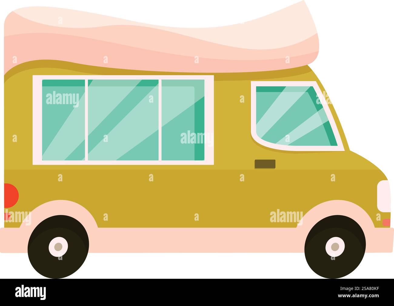 Gelber Food-Truck, der Straßenküche anbietet, Fast Food-Fahrzeug. Gelber Food Truck wartet auf Kunden Stock Vektor