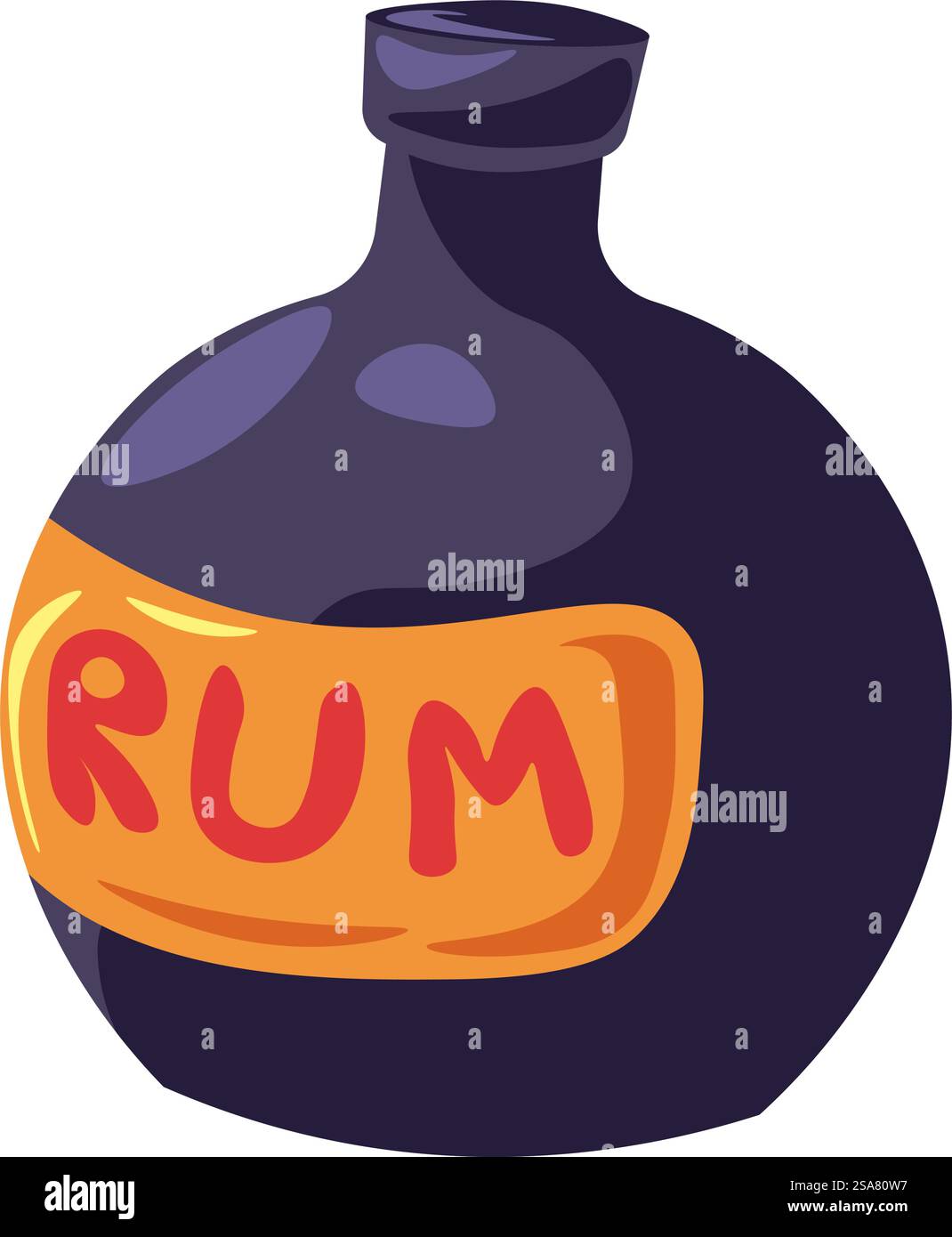 Rum-alkoholisches Getränk im Kolben, isolierte Flasche mit Titel. Das Lieblingsgetränk der Piraten. Alkohollauge destilliert und in Glasbehälter gegossen. Einrichtung im Piratenstil. Vektor in abgewickelter Darstellung. Piratenflasche Rum, alkoholisches Getränk in Flasche Stock Vektor