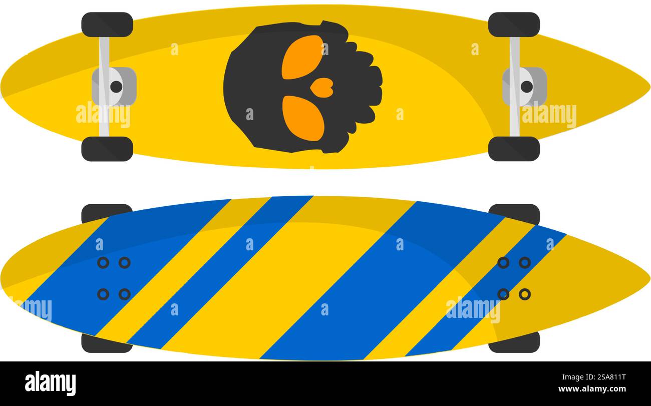 Teenager-Sportaktivitäten und Freizeit, isoliertes Skateboard mit Rädern und Schädelmuster. Skateboarden-Hobby, langes Board zum Reiten auf Straßen und Straßen der Stadt. Vektor in abgewickelter Darstellung. Skateboarderboard mit Skull, Sport und Hobby Stock Vektor