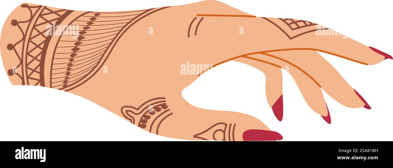 Frauenhand mit geometrischen Ornamenten und Motiv, Frauenarm mit gepflegten Nägeln und Henna-Zeichnung oder Tätowierung. Symbolismus und tiefe alte kulturelle Tradition. Vektor in abgewickelter Darstellung. Hand mit Maniküre und exotischem Henna-Zeichendesign Stock Vektor