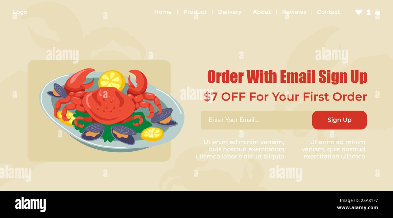 Meeresfrüchte im Restaurant, bestellen Sie leckere Mahlzeiten mit E-Mail-Anmeldung und erhalten Sie Rabatt auf Ihren ersten Einkauf. Krabbe mit Zitronen und Austern. Website-Landing-Page, Internet-Site-Vorlage. Vektor in abgewickelter Form. Bestellen Sie mit E-Mail-Anmeldung, Fisch und Meeresfrüchte im Restaurant Stock Vektor