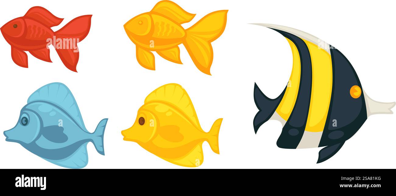 Exotische oder tropische Fische schwimmen im Wasser, isolierte Aquarienbewohner. Bunte Arten mit Streifen, Vielfalt an Arten und Arten. Tierhandelsortiment für Gäste, Sealife. Vektor in abgewickelter Form. Aquarienbewohner, Vektor der Artenvielfalt exotischer Fische Stock Vektor