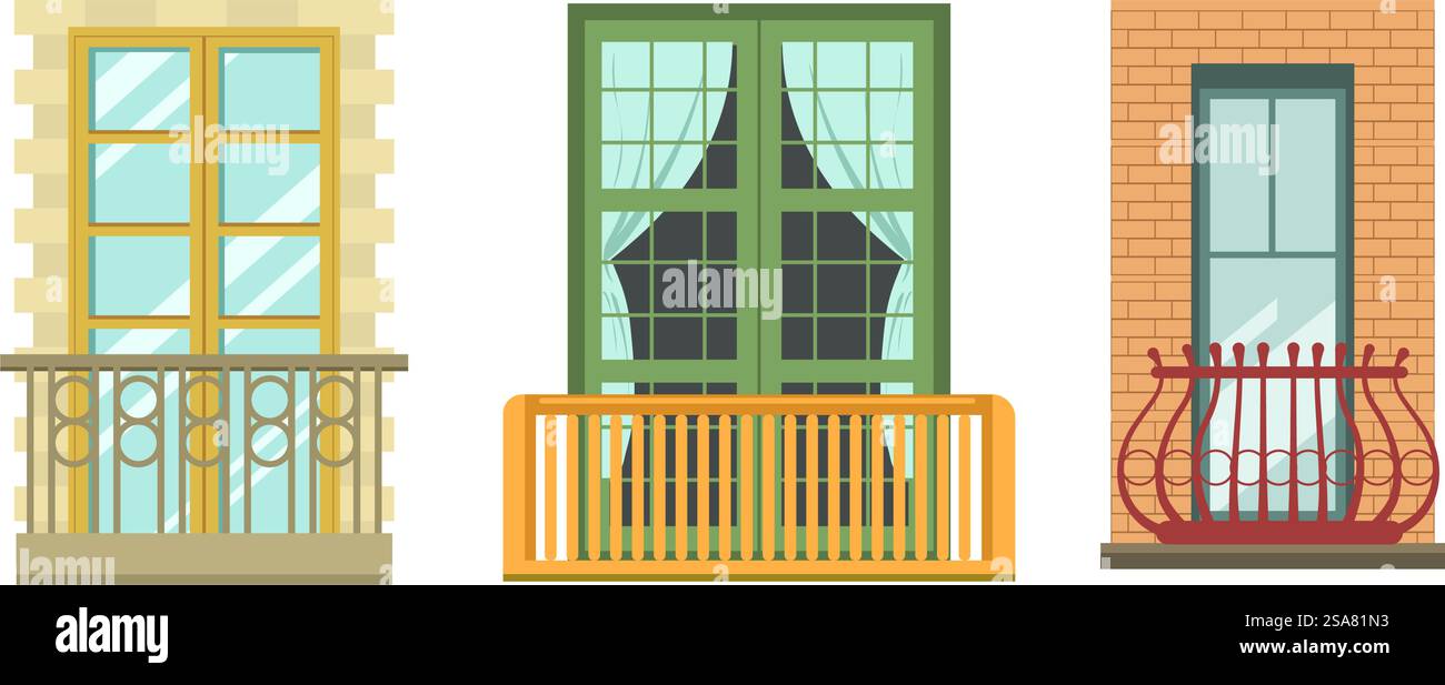 Dekoratives architektonisches Merkmal des Hauses, traditioneller Balkon mit wenig Platz im Freien. Ästhetik von Gebäuden und Häusern, Wohnungen mit großen Fenstern und Vorhängen. Vektor in abgewickelter Form. Balkone Fassadenelemente, Außenseite von Häusern Stock Vektor