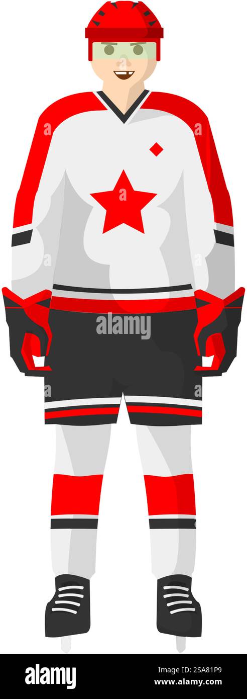 Sportler, der Wintersport spielt, Hockeyspiel. Isolierter männlicher Charakter in Uniform mit Eislaufschuhen mit Klinge für Bewegungen auf dem Feld. Vektor in abgewickelter Darstellung. Hockeyspieler in Uniform männlicher Figur in Uniform Stock Vektor