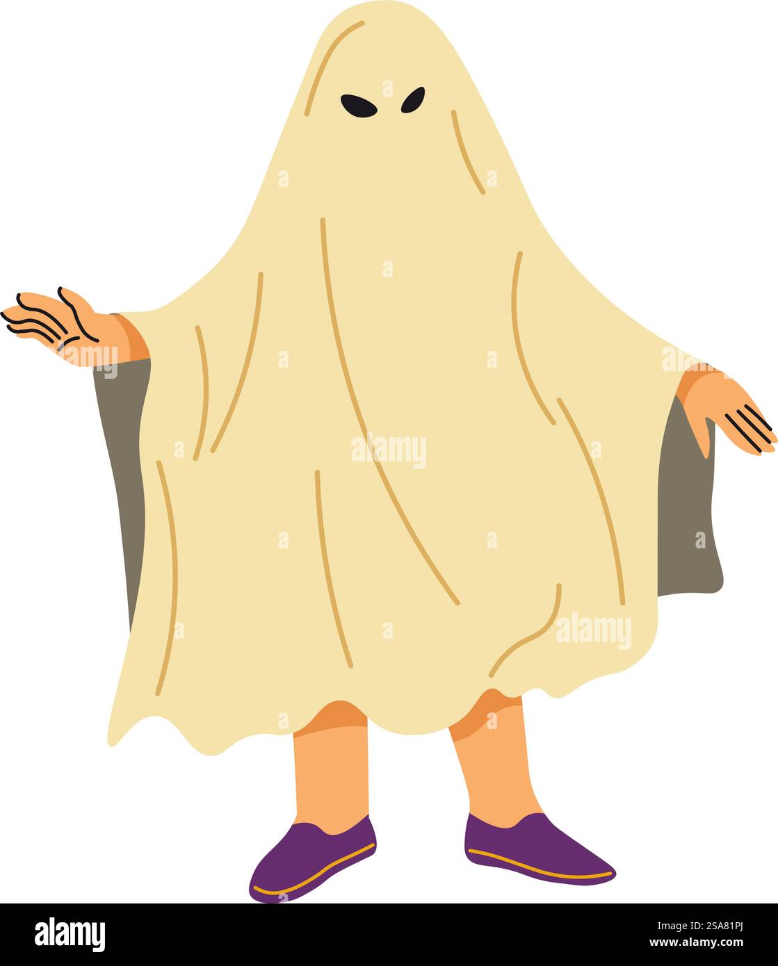 Halloween-Charakter Geist oder Poltergeist, Persönlichkeit mit weißem Laken und Löchern für Augen. Wettbewerb oder Freizeitspaß. Trick or Treat, Kostüm für die Feiertagsfeier. Vektor in abgewickelter Form. Geist oder Poltergeist halloween Kostüm Charakter Stock Vektor