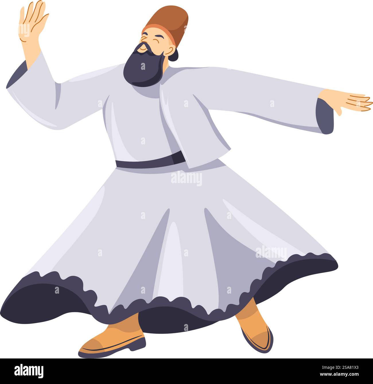 Tanzende Derwischvorstellung, isolierte türkische Kultur und Traditionen. Ein Mann mit Hut und Kleidung, der wirbelnde Bewegungen macht. Darsteller für Publikum, Unterhaltung und Show. Vektor in abgewickelter Form. Türkische Kultur und Traditionen, tanzende Derwische Stock Vektor