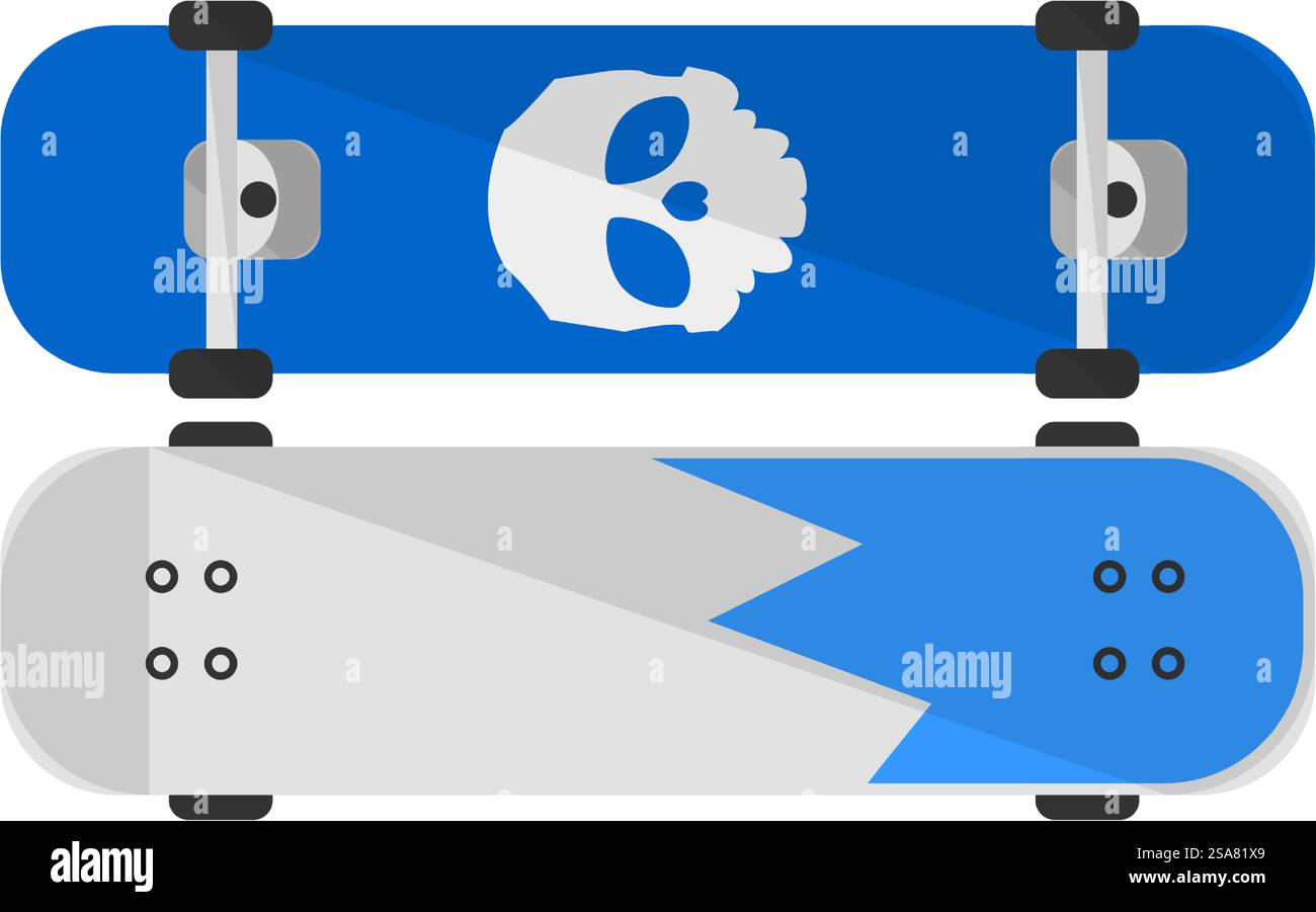 Hobby- und Sportaktivitäten, isoliertes Skateboard mit Rädern und Schädelmuster. Skateboarder Freizeit und Freizeit, üben Tricks und Bewegungen. Street und Urban Sportive Board. Vektor in abgewickelter Form. Skateboard mit Skull, Hobby oder Sport Stock Vektor