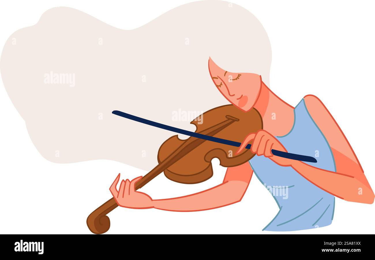 Musiker mit Streichinstrument, isolierte weibliche Figur mit Geige in Händen. Konzert- oder Orchesterdarsteller, Hobby oder Freizeit. Kunst- oder Musikschulunterricht. Vektor in abgewickelter Form. Geigenspielerin Frau, Musikerinstrument in Händen Stock Vektor