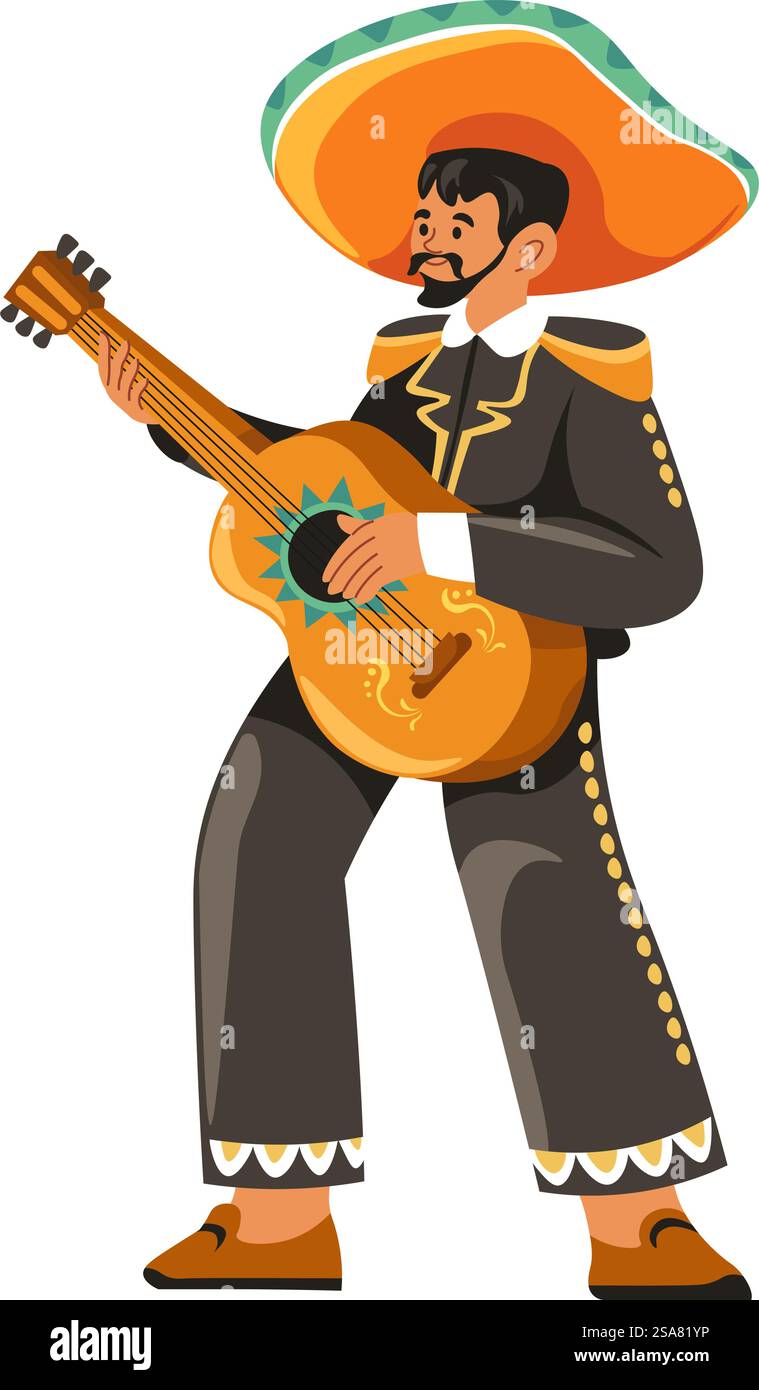 Flamenco-Gitarrist mit Akustikgitarre, isolierten mexikanischen Traditionen und Kultur. Männlicher Charakter mit Sombrero, der ein Musikinstrument hält, Interpret für eine Show oder ein Festival. Vektor in abgewickelter Form. Hispanischer Flamenco-Gitarrist mit Akustikgitarre Stock Vektor