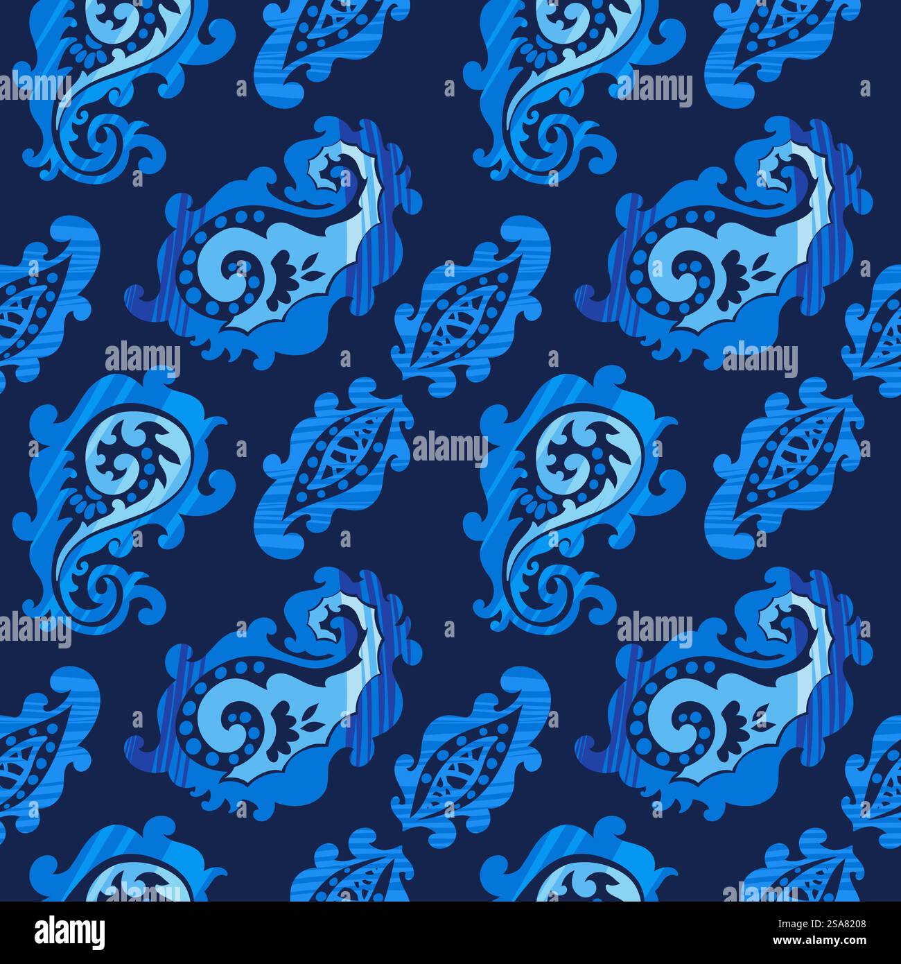 Paisley mit Blättern und blühenden Blumen, Blumenschmuck und Motiv. Blüht und blüht mit Zweigen und Zweigen. Nahtloses Muster, Hintergrundbild oder Hintergrund. Vektor in flacher Abbildung. Blühende Blumen und Blätter, Paisley-Druckvektor Stock Vektor