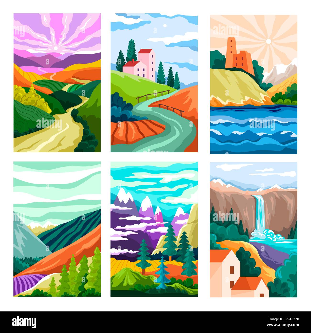 Naturlandschaft oder Landschaft mit Wasserfall, Bergen und Wald, See und Fluss. Stadtfelder und Häuser Wahrzeichen. Blick mit Bäumen und Gras. Natürliche Szene zum Ausruhen. Vektor in abgewickelter Form. Landschaft mit Wasserfall, Wald und Bergen Stock Vektor