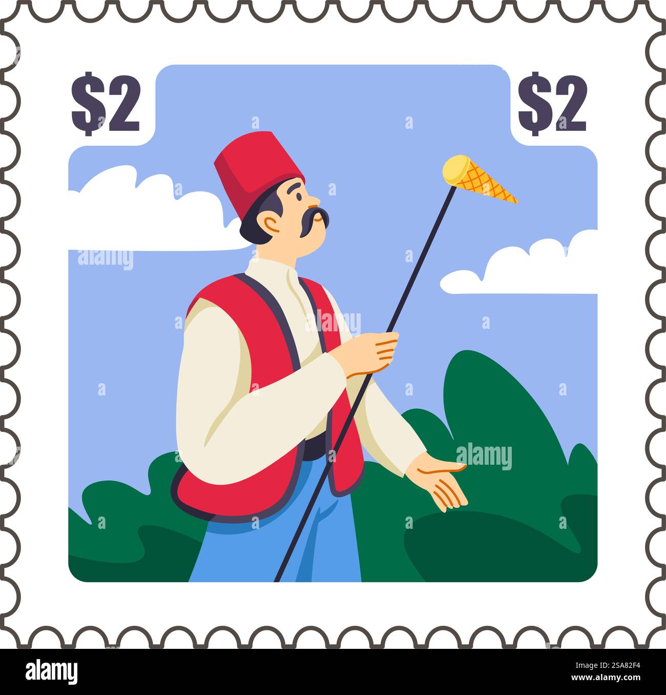 Stempel mit Eisverkäufer in der Türkei. Männliche Figur im Kostüm mit türkischem gefrorenem Dessert am Stock. Postmarke oder Karte mit Preis-, Korrespondenz- und Postaufkleber. Vektor in abgewickelter Form. Mann, der traditionelles türkisches Maras-Eis hebt Stock Vektor