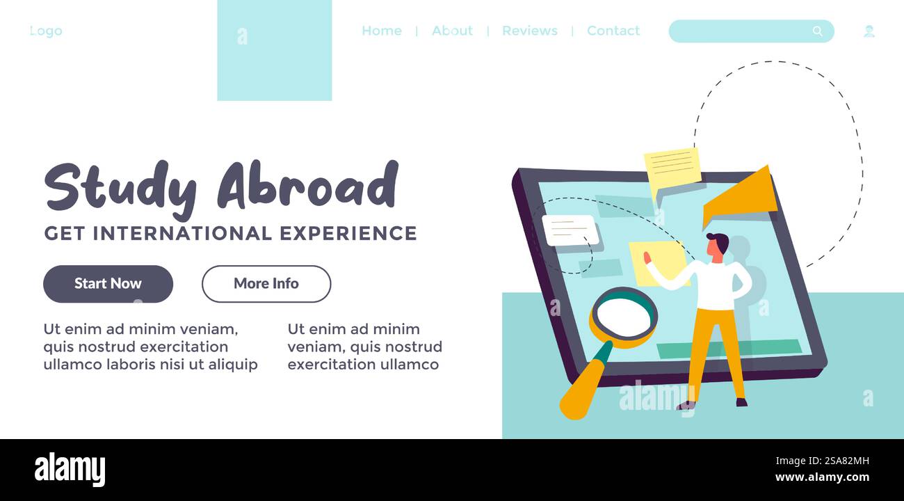 Sammeln Sie internationale Erfahrungen während Ihres Auslandsaufenthalts. Beginnen Sie jetzt, und erhalten Sie weitere Informationen zu Bildungskursen und -Disziplinen. Vorlage für Website-Landing-Page, Internet-Site. Vektor in abgewickelter Form. Auslandsaufenthalt Erhalten Sie internationale Erfahrungen im Internet Stock Vektor