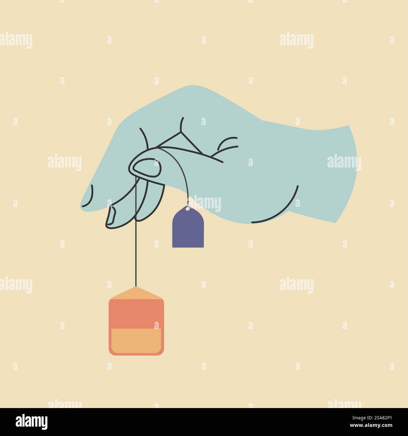 Teebeutel in Handhaltung mit Markenetikett. Isolierter Arm, Persönlichkeit, die Tee warmes Getränk herstellt. Zubereitung eines Getränks zum Frühstück mit gemahlenen Kräutern und Blätterpulver in einem kleinen Beutel. Vektor in abgewickelter Form. Arm hält Teebeutel, Brühen warmer Getränke Vektor Stock Vektor