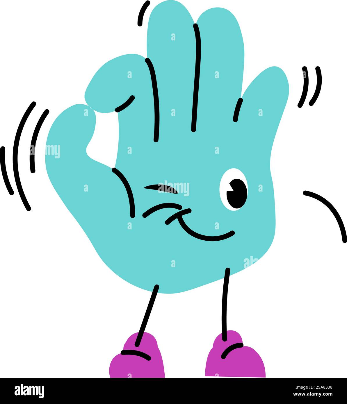 Okay Geste, isolierter Handcharakter mit positivem und lächelndem Augenzwinkern. Emoticon oder Aufkleber für soziale Medien, Geste der Zustimmung. Flache Cartoon-Persönlichkeit, Vektor in flachem Stil. Hand-Cartoon-Figur zeigt OK Gestenvektor Stock Vektor