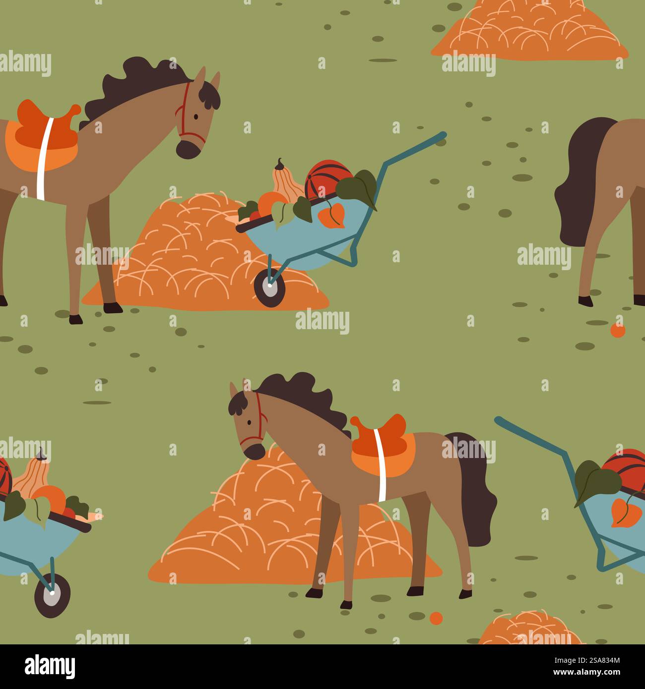 Erntesaison, Landwirtschaft und landwirtschaftliche Routine. Pferd mit Sattel am Heu, Schubkarre mit Obst und Gemüse vom Feld. Nahtloser Musterdruck, Hintergrund oder Hintergrundbild. Vektor in abgewickelter Form. Landwirtschaft und Ernte, Pferd für Heu, Schubkarre Stock Vektor