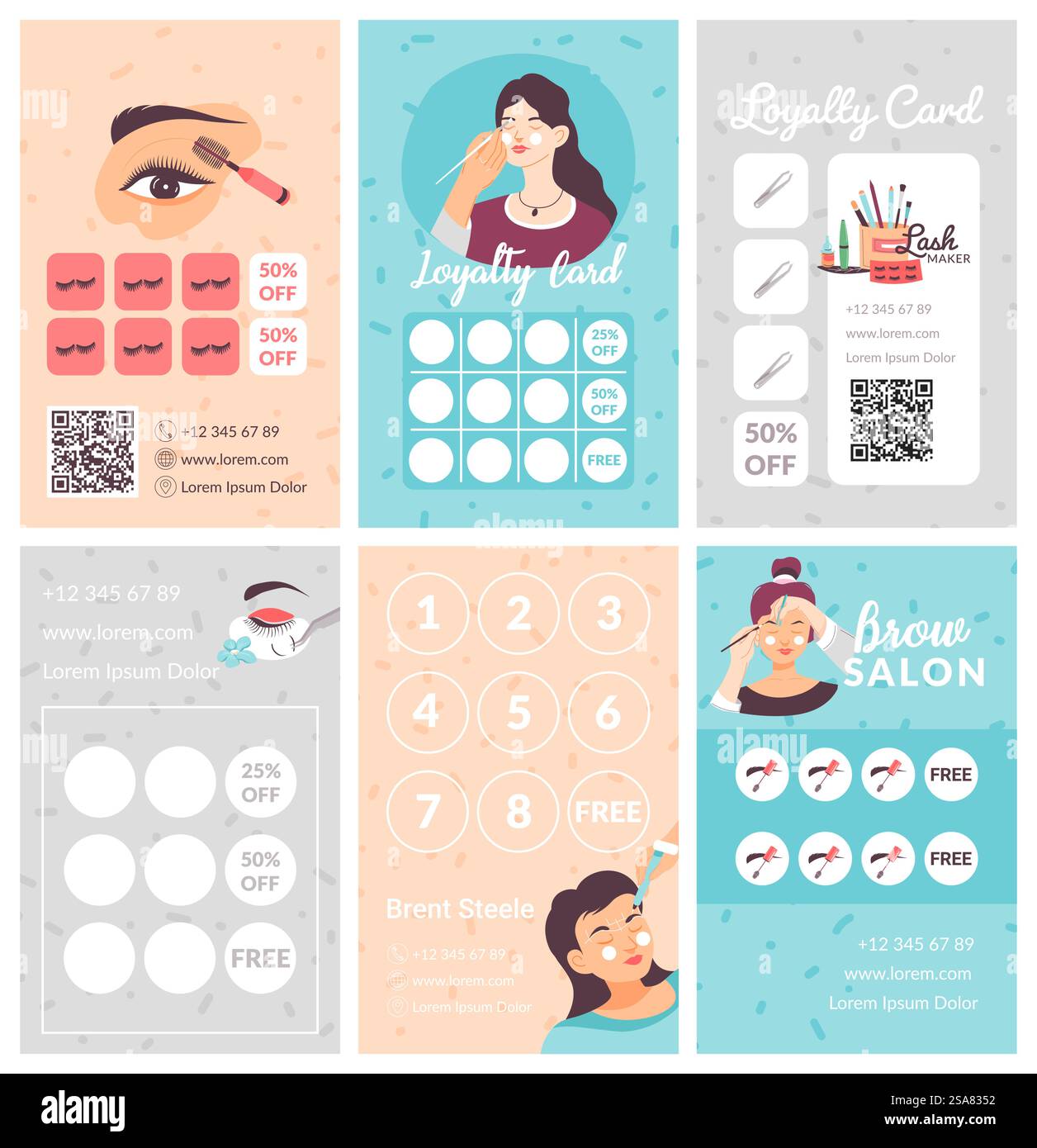 Treuekarten-Kollektion für Augenbrauen- und Wimpernmeister. Flacher Frauencharakter bei Schönheitsverfahren, Sonderangebotswerbung. Kartendesign-Kollektion mit Aufklebern, Rabatt und kostenlosen Verfahren. Treuekarten-Kollektion für Augenbrauen- und Wimpernmeister Stock Vektor