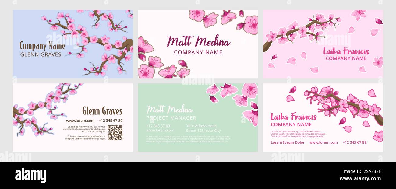 Corporate Branding-Design-Set mit Sakura-Bäumen. Bunte Visitenkartensammlung mit Blütenzweig, Vektor-Illustration. Firmenwerbung mit rosa Blumen und Kontaktinformationen. Corporate Branding-Design-Set mit Sakura-Bäumen Stock Vektor
