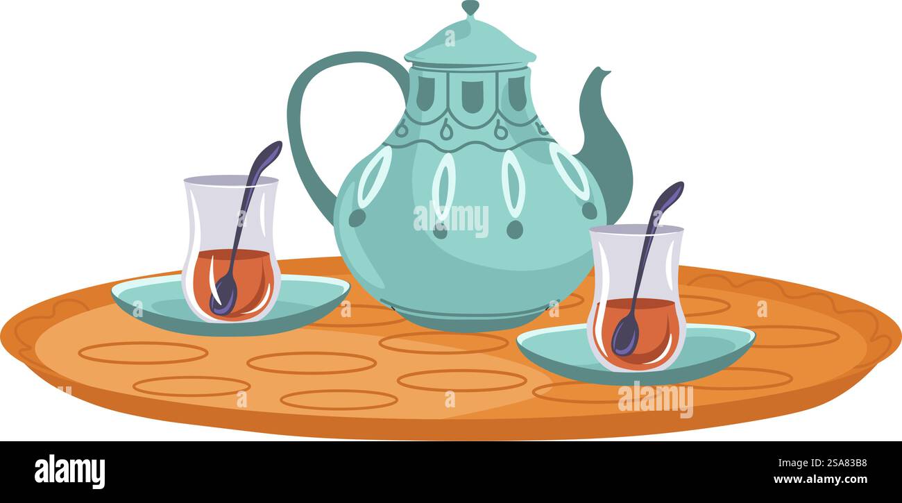 Teezeit in Turkiye, isoliertes Tablett mit Teekanne und Tassen mit Löffeln und aromatischem Getränk darin. Leckeres und leckeres Frühstück, warme Flüssigkeit für den Morgen. Vektor in abgewickelter Form. Türkischer Tee in Tassen und Topf auf Tablett Vektor Stock Vektor