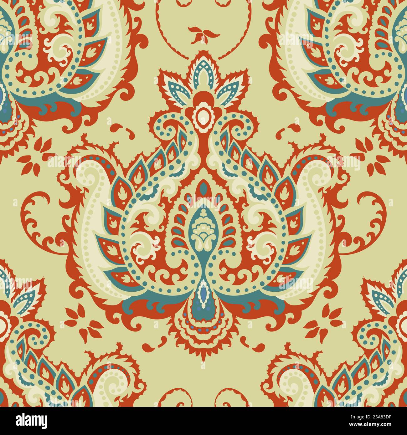 Blühende Blumen und Pflanzen mit Blättern, Zweigen und Laub. Paisley-Design, Verzierung mit Blättern und Blüten, Retro. Nahtloser Musterdruck, Hintergrund oder Hintergrundbild. Vektor in abgewickelter Form. Paisley-Muster, Blumenkomposition mit Blüte Stock Vektor