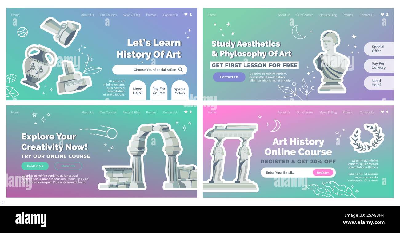 Webbanner-Sammlung für Kunstgeschichtskurse. Bunte Landingpage mit Farbverlauf mit antiker Architektur und Statue, Vektor-Illustration. Online-Werbung für Bildungszwecke auf der Website. Webbanner-Sammlung für Kunstgeschichtskurse Stock Vektor