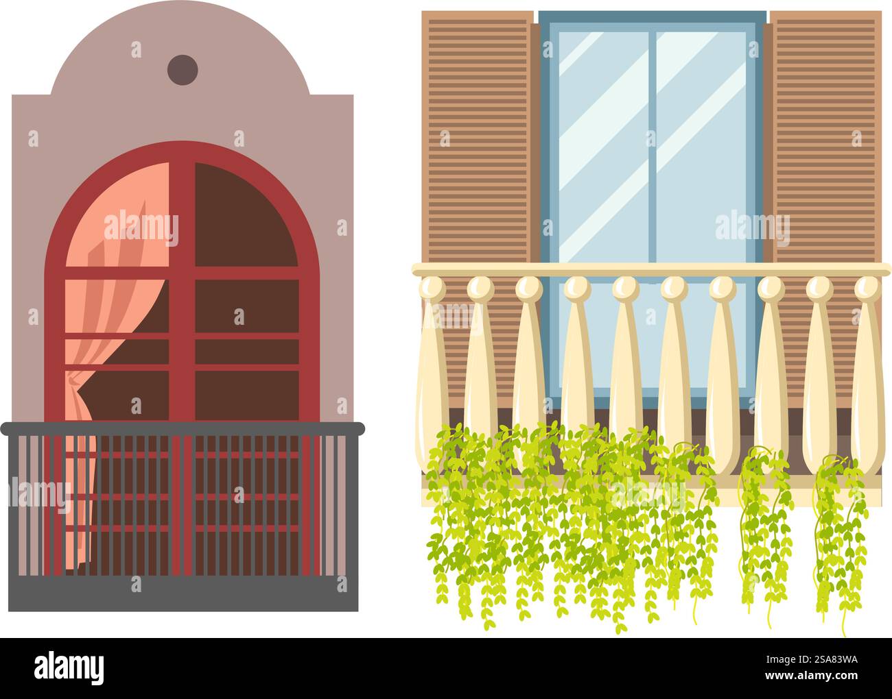Balkone architektonische und ästhetische Werte des Gebäudes. Dekorative architektonische Details und ornamentale Leisten. Klassisches Design verleiht Haus oder Apartment Eleganz und Charme. Vektor in abgewickelter Form. Außenseite der Häuser, dekorative Balkone Stock Vektor