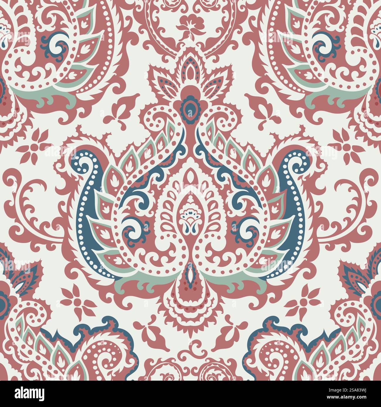 Blumen in Blüte, Paisley-Dekoration mit Wirbeln und Blättern, Zweige und Laub. Pflanzen blühen, blühende Botanik. Nahtloser Musterdruck, Hintergrund oder Hintergrundbild. Vektor in abgewickelter Form. Vintage-Paisley-Muster, Blumen- und Blattdekor Stock Vektor