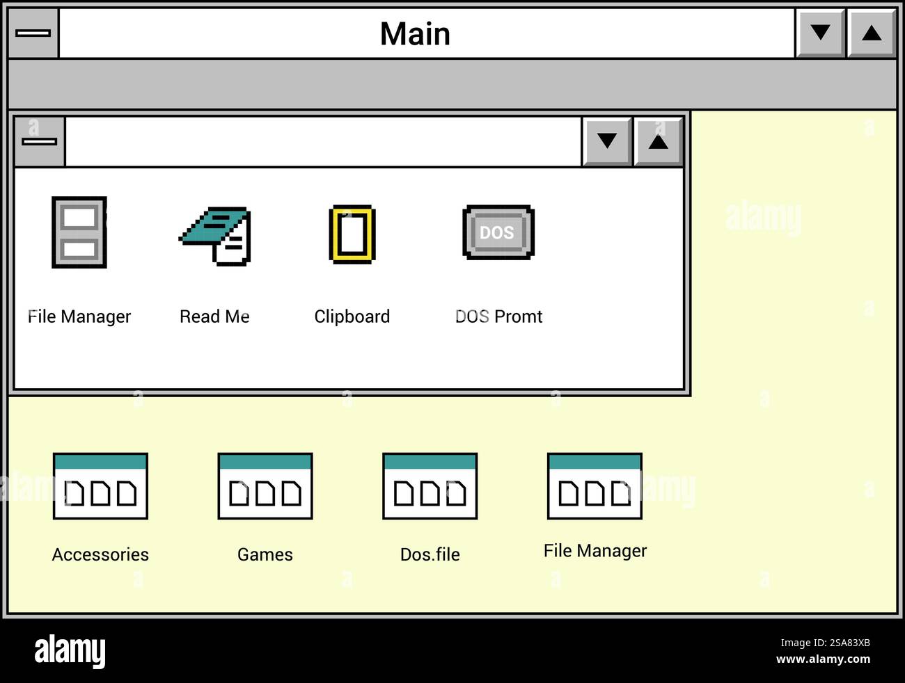 Dateiverwaltungssystem, isolierte Fensterschnittstelle mit Dokumenttypen und Arbeitsinformationen. Personal Computer oder Laptop Old School Design mit Tasten und Symbolen. Vektor in abgewickelter Form. Schnittstelle von Dateimanager, Ordnern und Dokumenten Stock Vektor
