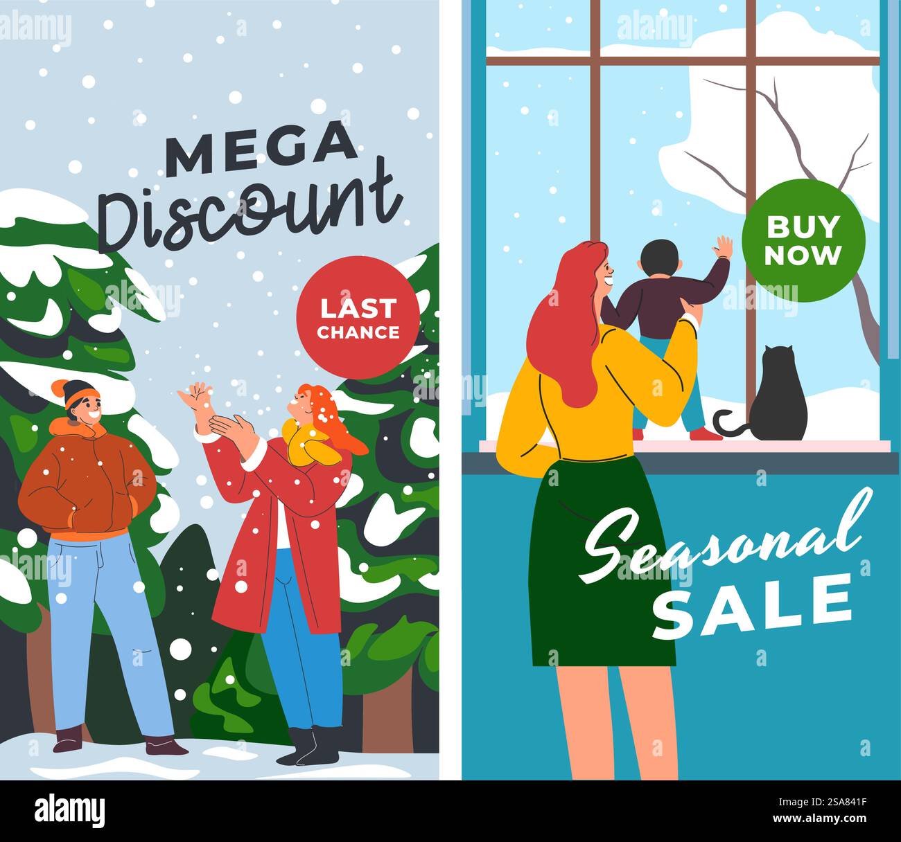 Saisonales Angebot im Winter, Mega-Rabatt vor Weihnachten und Neujahr. Urlaubsangebote und -Angebote für Kunden und Kunden. Werbebanner oder Werbeplakat, Vektor in flacher Form. Mega-Rabatt, letzte Chance jetzt kaufen, Werbebanner Stock Vektor